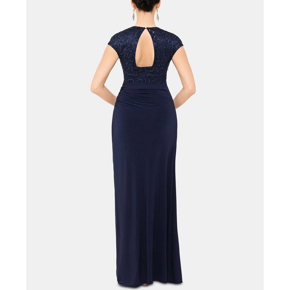 Betsy and Adam navy lace embellished top cap sleeve gown size 4 - Picture 4 of 5